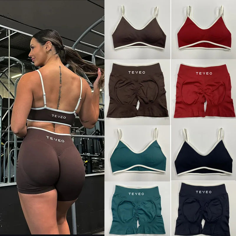 Conjunto de sutiã de ioga curto com elástico para ciclismo e fitness feminino.